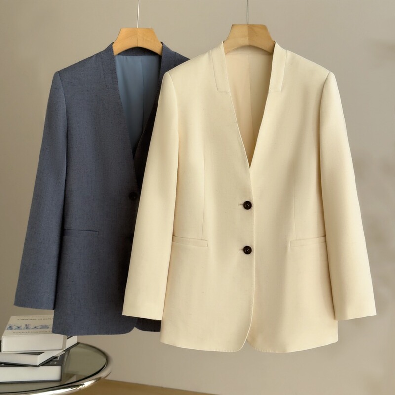 Commuter V-Neck Gray Linen Blazer for Women, New Spring Style, Simple Slim-Fit Elegant Top