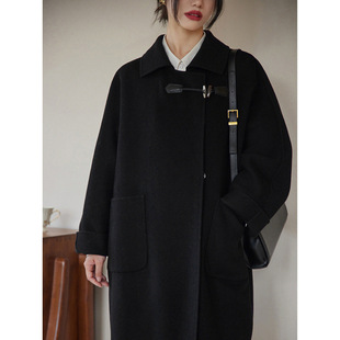 Horns Button Woolen Coat Women's 2024 Autumn and Winter New High-grade Hepburn Style Korean Style Small Thickened Woolen Coat