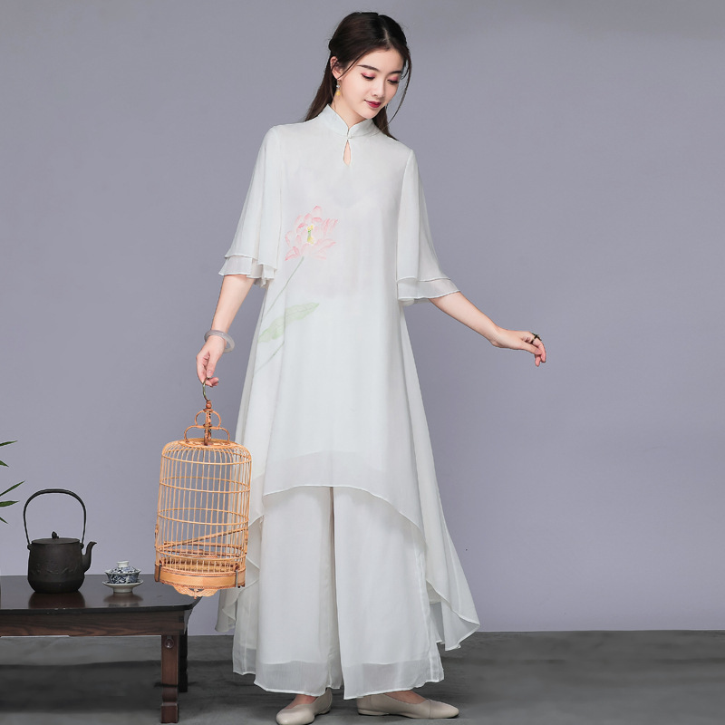 中国風唐装スーツ茶服文学レトロシフォンドレス禅服瞑想パフォーマンス服妖精の気質|undefined