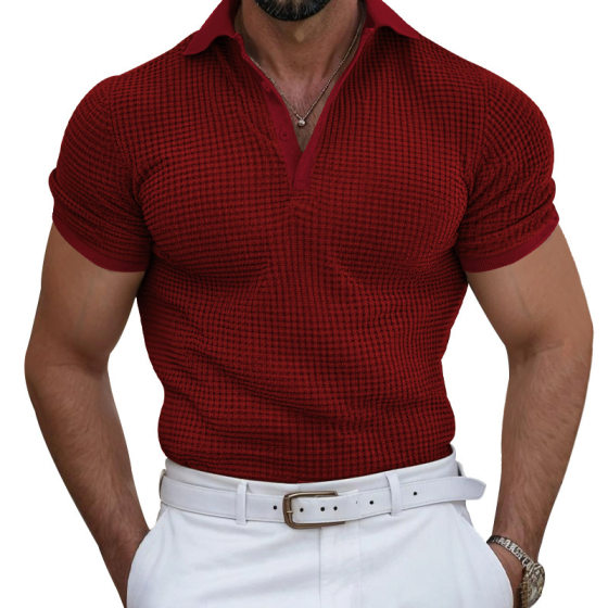 European and American Ins Cross-border High-end Waffled Polo Shirt Men's T-shirt Shirt Collar Summer Solid Color New Heavy Short-sleeved Shirt