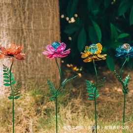 跨境金属花卉户外装饰工艺品花棒仿真花瓣铁艺地插花朵庭院装饰
