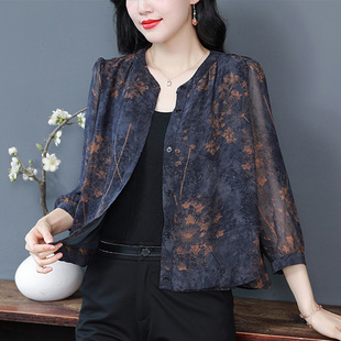 Vintage High-end Ramie Shirt Women's plus size Women's Loose Slimming Round Neck Long Sleeve Shirt Elegant Color-matching Flower Top