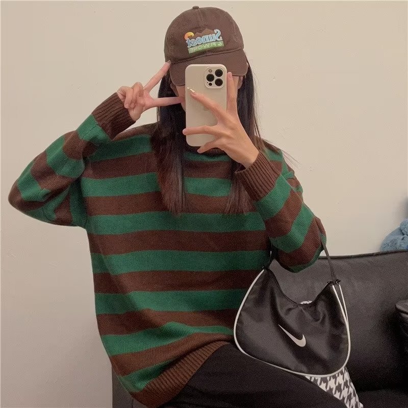 Cross-Border Spring and Autumn New Women's American Fashion Brand Contrasting Retro Striped Sweater Lazy Style Loose Round Neck Sweater Cross-Border Spring and Autumn New Women's American Fashion Brand Contrasting Retro Striped Sweater Lazy Style Loose Round Neck Sweater