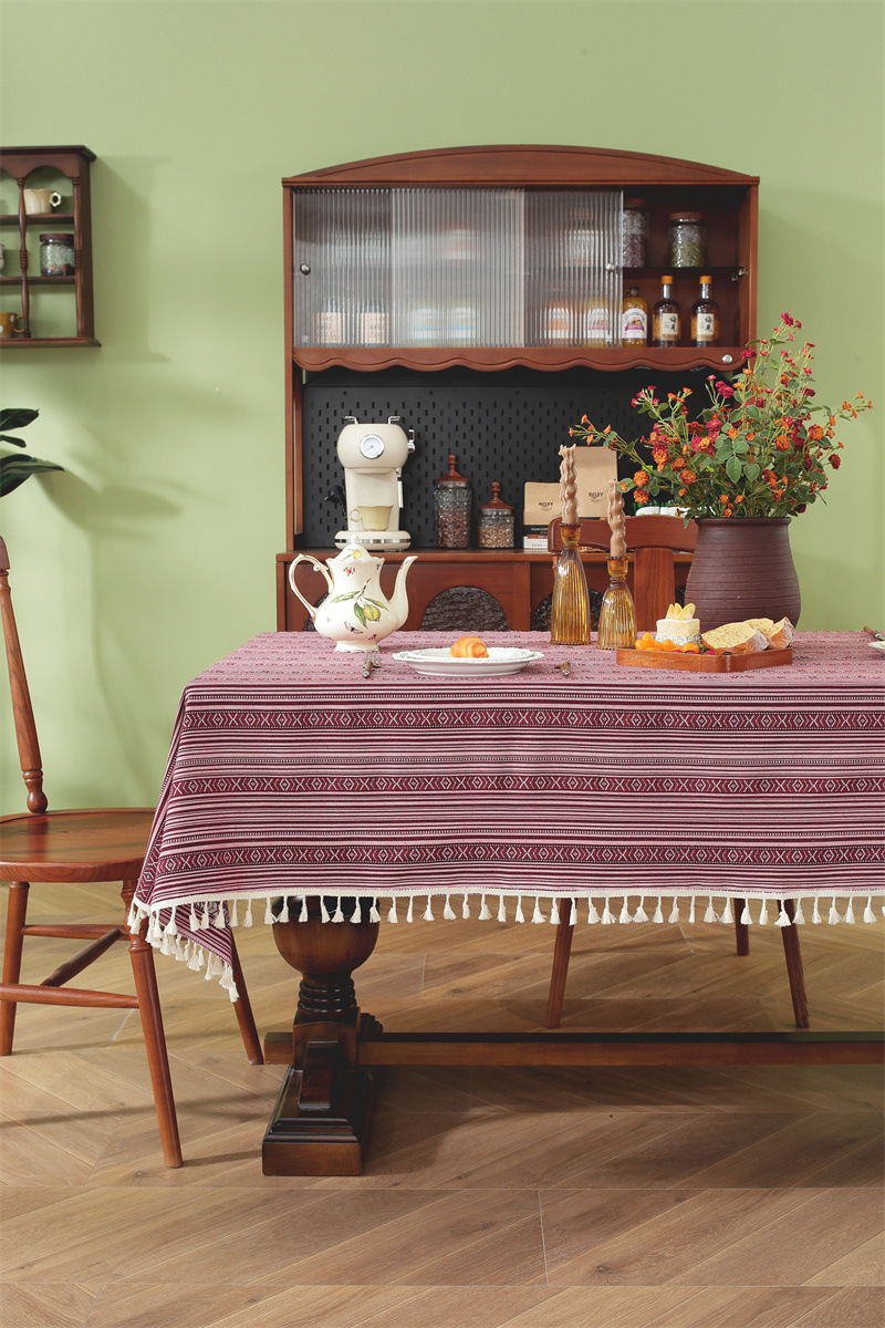 Nappe En Jacquard Style Ethnique Américain Avec Franges Et Dentelle_voghion.com