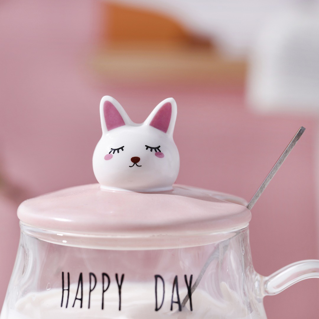 Creativo lindo transparente dibujos animados conejo rábano vidrio con tapa cuchara desayuno personalizado taza de leche japonés