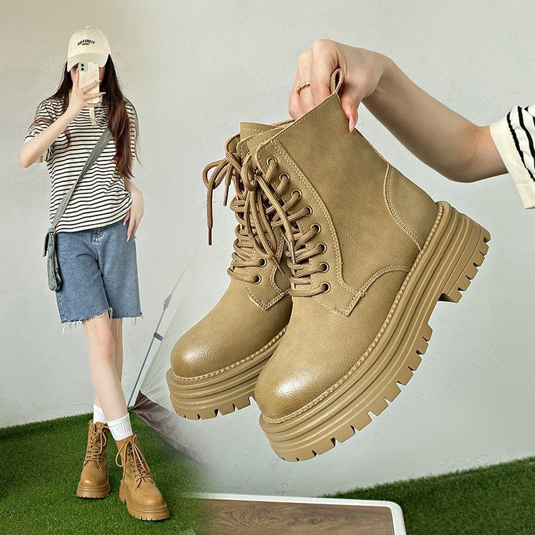 Thick-Soled Martin Boots for Women, 2026 New Spring and Autumn Retro Style, Height-Increasing Short Boots for Petite Figures, Brown Motorcycle Boots, Yellow Boots