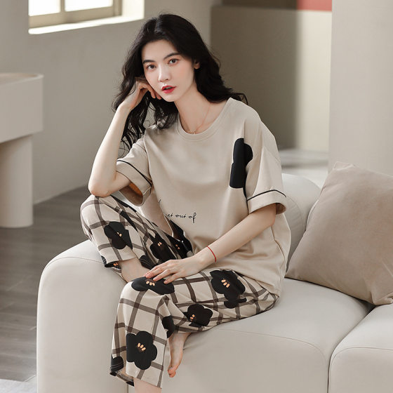 Pure Cotton Pajamas Women's Summer Short-sleeved Capri Pants suit High-end Printed Loose Casual Women's Home Wear Thin