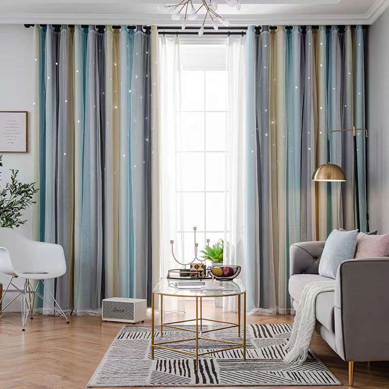 comercio exterior transfronterizo doble rayas graduadas huecas estrellas cortina tela de tela de sombreado acabado fábrica directa de cortinas