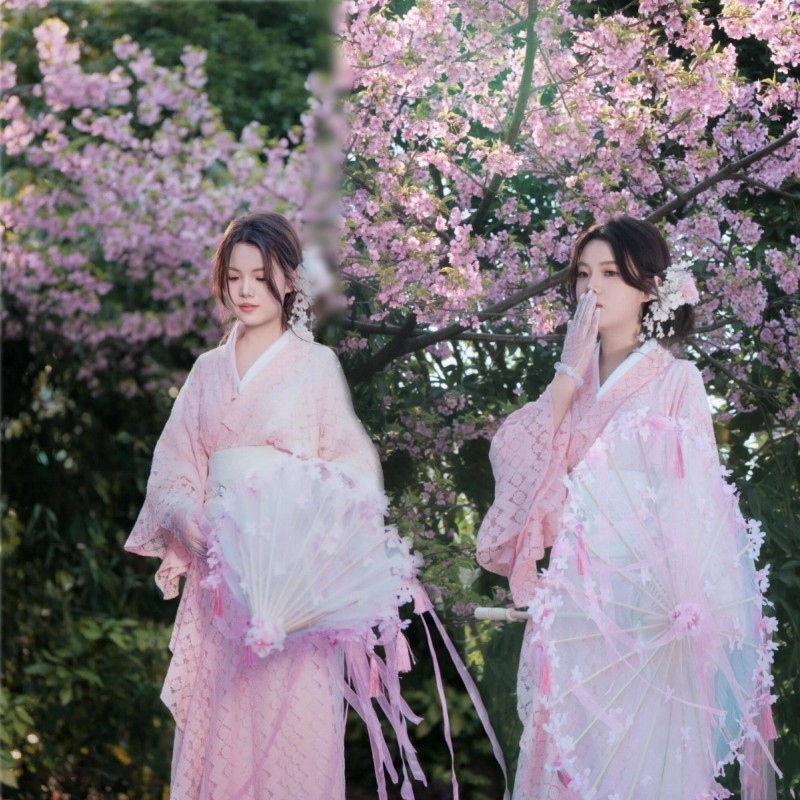 Japanese Summer Pink Lace Kimono Bathrobe Traditional Dress Improved Japanese Sakura Season Photo dress