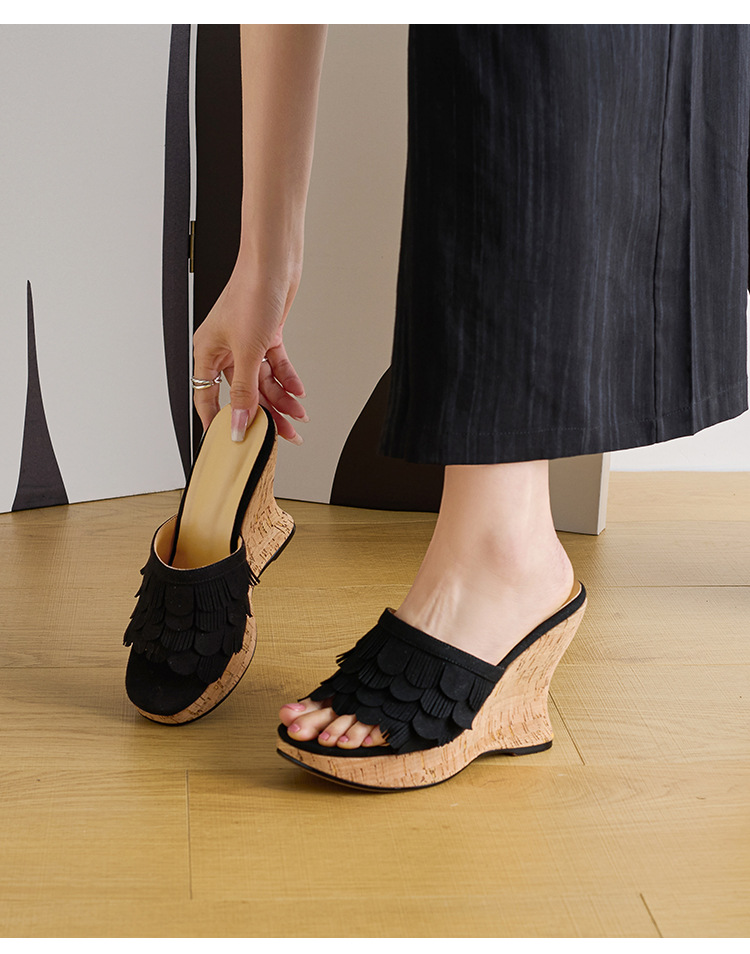 Sandal cao gót nữ hở mũi quai ngang đế xuồng 11cm kèm tua rua — màu nâu, màu đen, Ánh sáng Apricot chi tiết 23