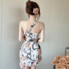 Diagonal shoulder mesh printed ruffle edge off the shoulder bottom wrap buttocks irregular dress