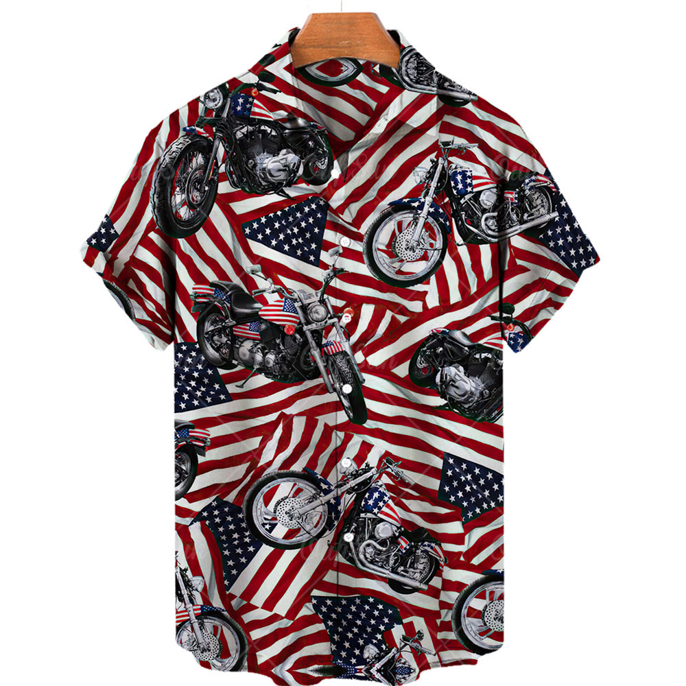 Camisa de estilo nuevo para hombres europeos y americanos transfronterizos bandera estadounidense estampada en 3D Camisa de manga corta de moda de playa de Hawaii