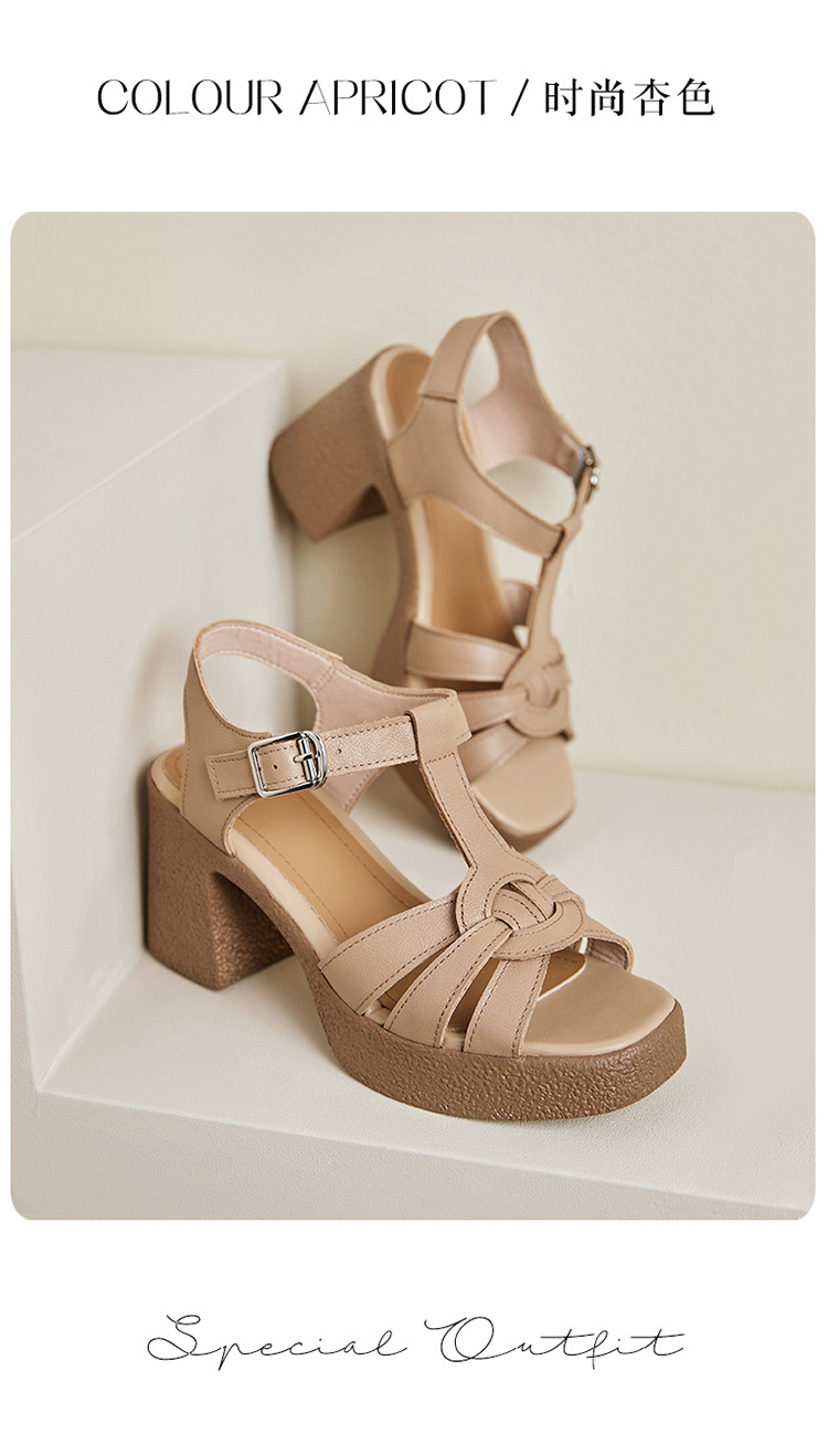 Sandal cao gót nữ quai ngang da thật phong cách La Mã đế dày gót thô — Màu đen chi tiết 30
