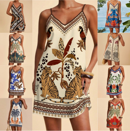 2026 Summer Fashion Casual European and American Cross-Border Printed V-Neck Slim Fit Ready-To-Wear Women's Dress 2026 Summer Fashion Casual European and American Cross-Border Printed V-Neck Slim Fit Ready-To-Wear Women's Dress