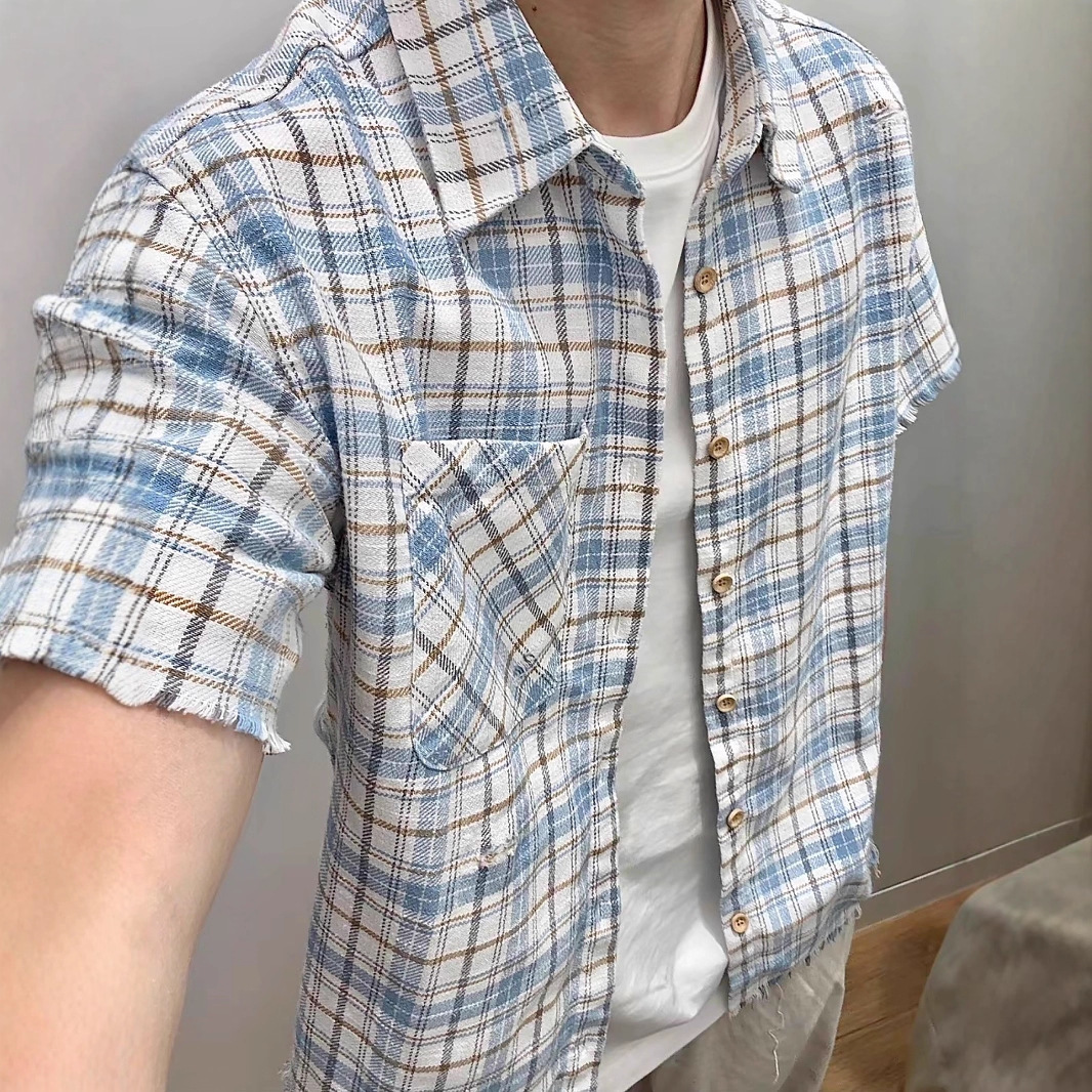 Retro Vintage Frayed Raw Edge Bamboo Plaid Blue Long-Sleeved Shirt Men's Loose Versatile Casual Shirt Jacket