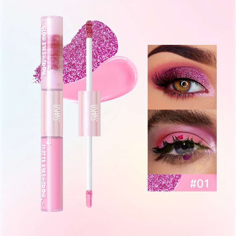 USHAS Sombra de ojos de doble cabeza de punto transfronterizo europeo y americano, brillo fino, sombra de ojos líquida impermeable de gusano de seda de alto brillo LG2591