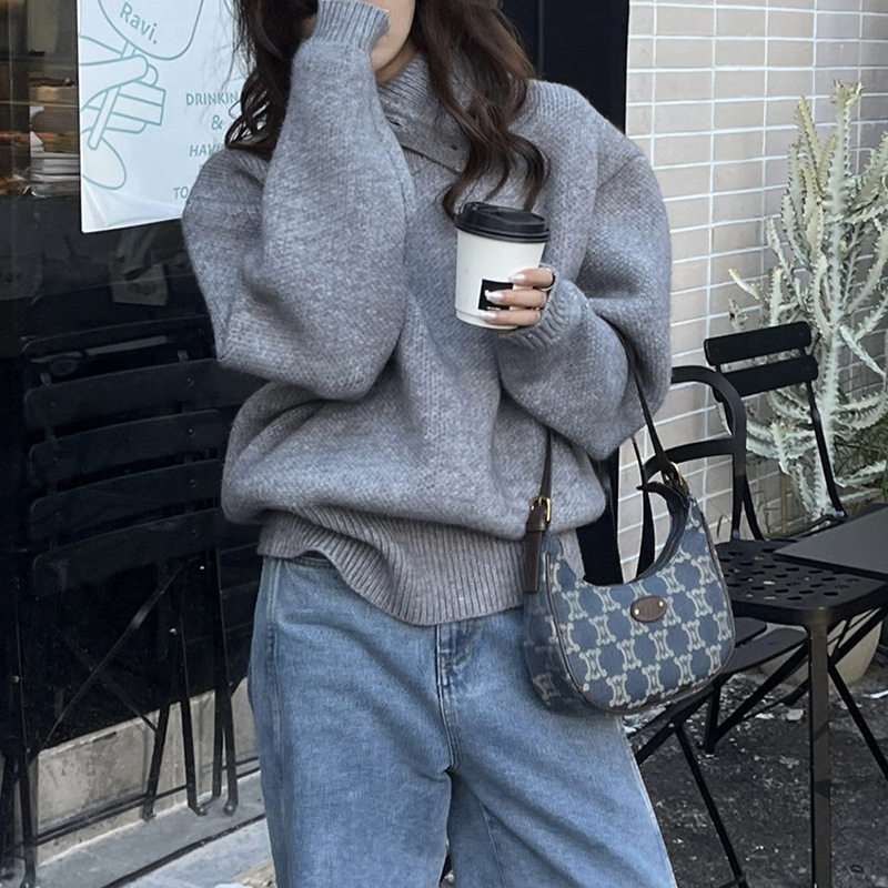 韩系宽松灰色加厚毛衣女新款秋季设计感纽扣半开领针织衫上衣外贸|undefined