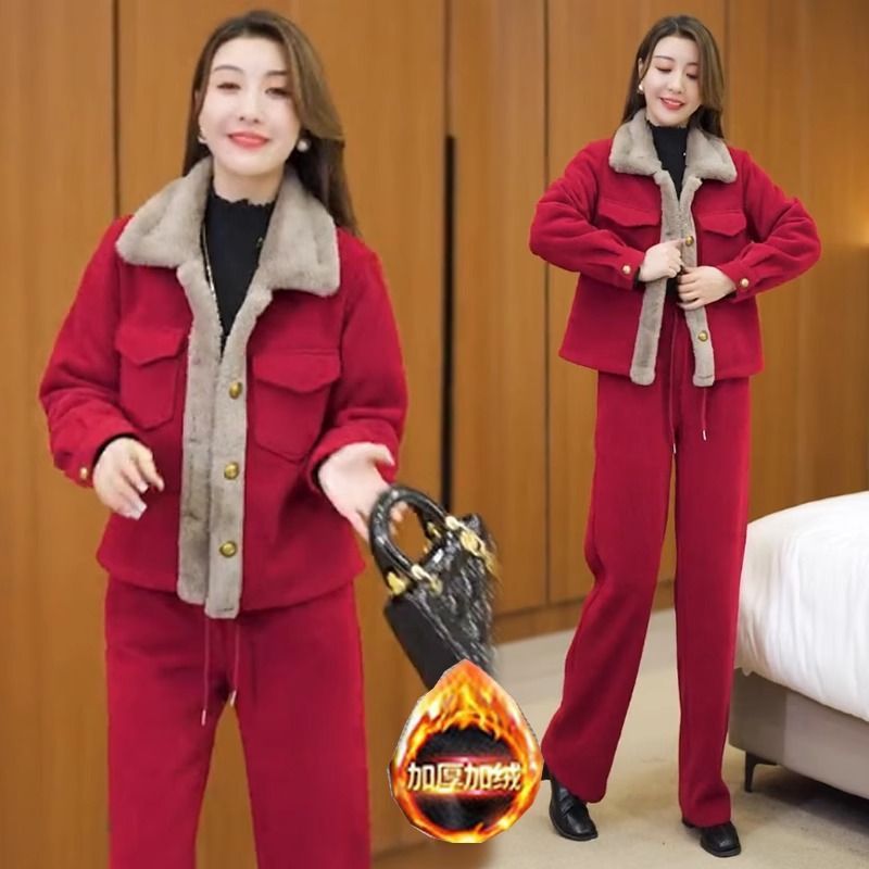 灯芯绒加绒加厚套装女2025新款秋冬时尚直筒裤休闲保暖两件套|undefined