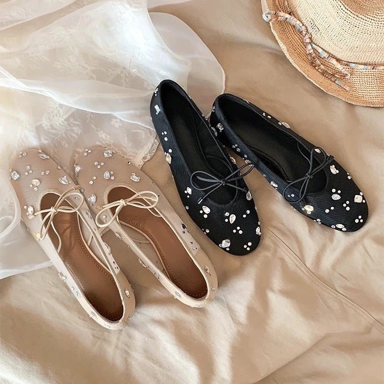Cross-border mesh rhinestone flat shoes for women, summer fairy bow Mary Jane ballet shoes, plus-size women's shoes for foreign trade Cross-border mesh rhinestone flat shoes for women, summer fairy bow Mary Jane ballet shoes, plus-size women's shoes for foreign trade