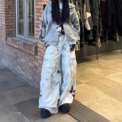 潮流爵士复古做旧废土风水洗脏脏工装牛仔裤女辣妹刺绣贴布弯刀裤