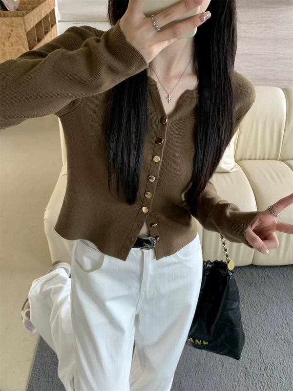 女士针织开衫春秋款外穿时尚洋气V领纯色修身短款百搭毛衣小外套|undefined