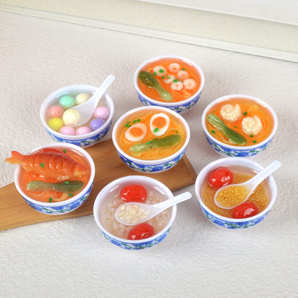 仿真食玩4cm中国风青花瓷碗面模型牛肉面拉面食玩摆件过家家玩具