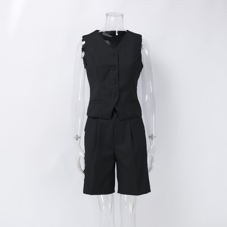 Bộ vest nữ áo gile cổ V cài khuy một hàng kèm quần short ống thẳng — Màu trắng, Màu xám, Màu đen (thêm mới) chi tiết 7
