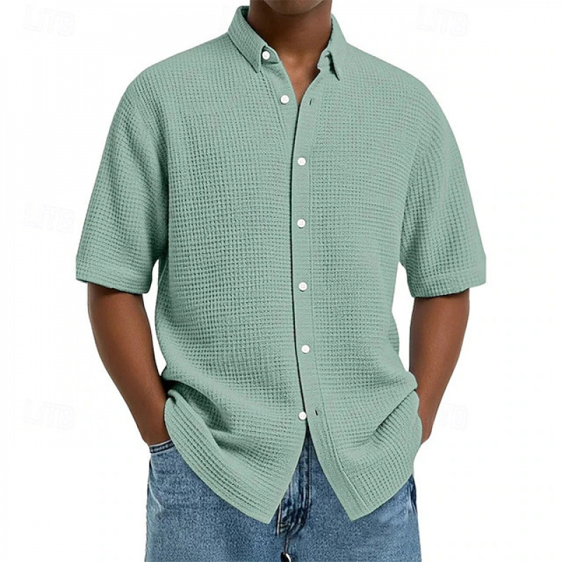 2026 New Cross-Border Men's Short-Sleeve Button-Up Waffle Texture Solid Color Fashion Shirt Top 2026 New Cross-Border Men's Short-Sleeve Button-Up Waffle Texture Solid Color Fashion Shirt Top