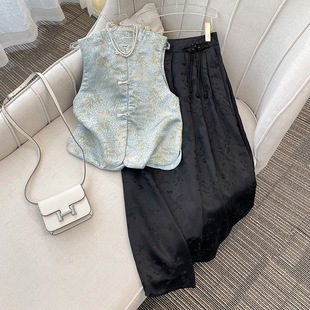 8733 # Bamboo Leaf Brocade Jacquard New Chinoiserie 2025 Spring and Summer Small Stand-Up Collar Elegant Chinoiserie Button Cardigan Vest