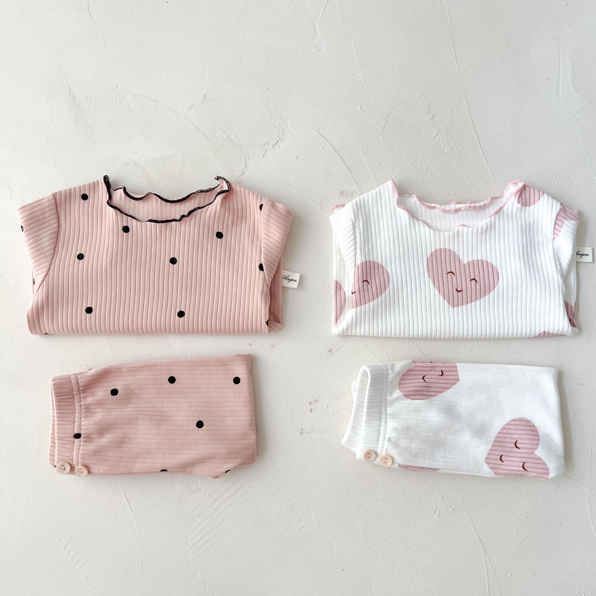 Baby home clothes Autumn new girl baby's long sleeve pit rib cotton nightgown two-piece set with wooden ear edge