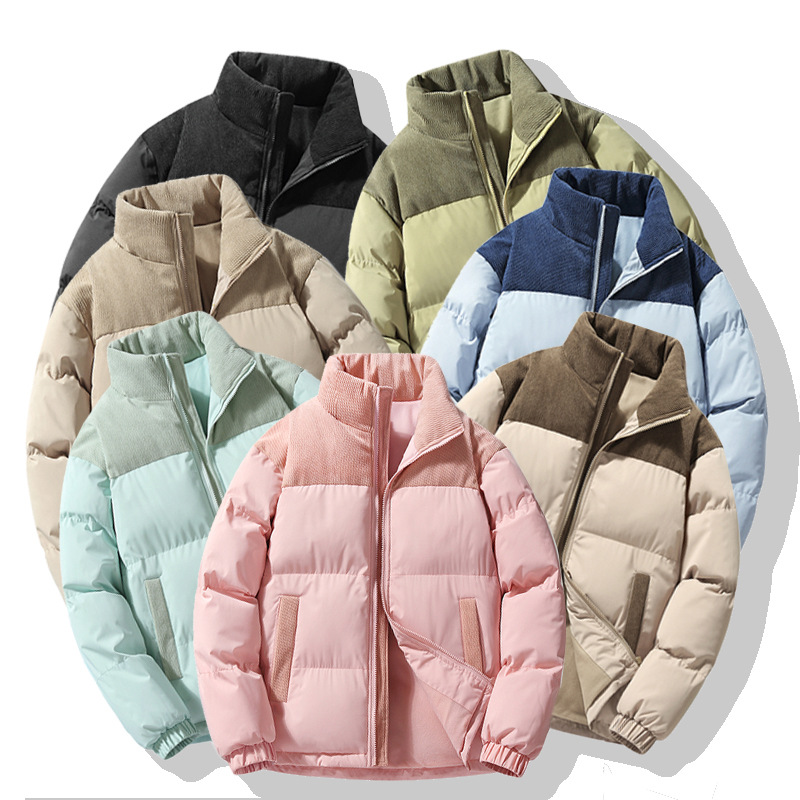 Winter Couple's Trendy Brand Puffer Jacket, Warm and Fashionable Stand-Collar Color-Blocked Cotton Coat, Fleece-Lined and Thickened Cotton Outerwear for Men