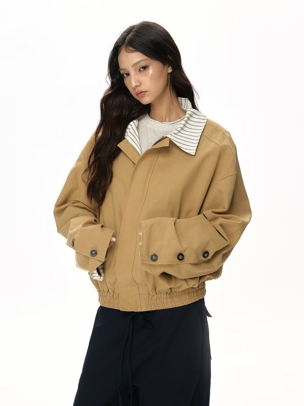 拼接条纹翻领卡其色外套女秋季美式慵懒风百搭复古嘻哈夹克外套潮|undefined