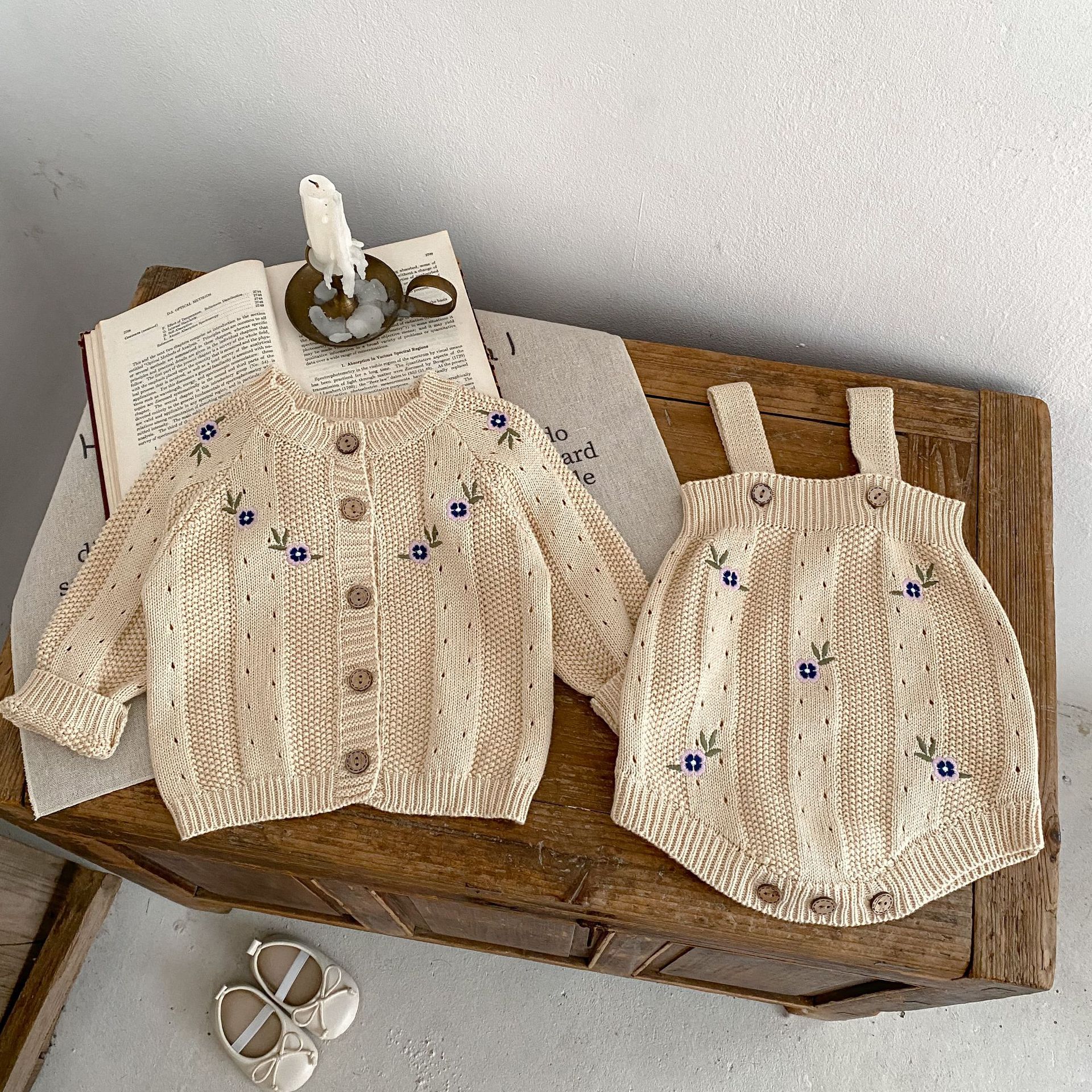 Ins2024 Autumn and Children's Sweater Female Baby Embroidered Hollow Knitted Coat+Hopper Optional 2-piece Set_voghion.com