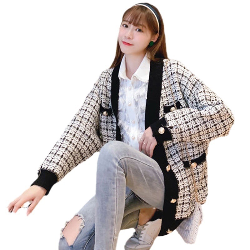 春と秋の新型レトロな千鳥格vネックのユニークな単列ボタンがゆったりしています。|undefined