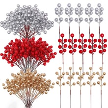 跨境12头发财果红色浆果银色冬青果金色插枝浆果年宵花装饰仿真花