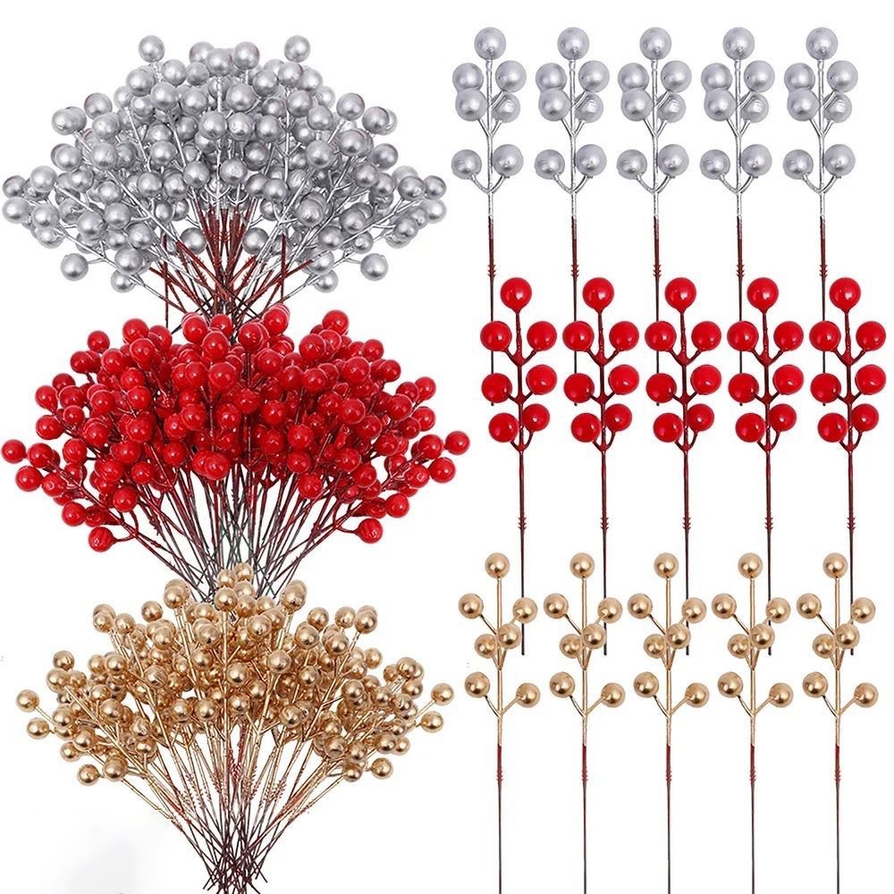 跨境12头发财果红色浆果银色冬青果金色插枝浆果年宵花装饰仿真花
