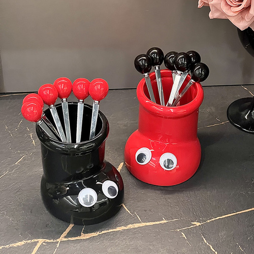 Cute fruit fork set, creative design, ceramic fruit fork jar, stainless steel fruit fork, high-looking small fork