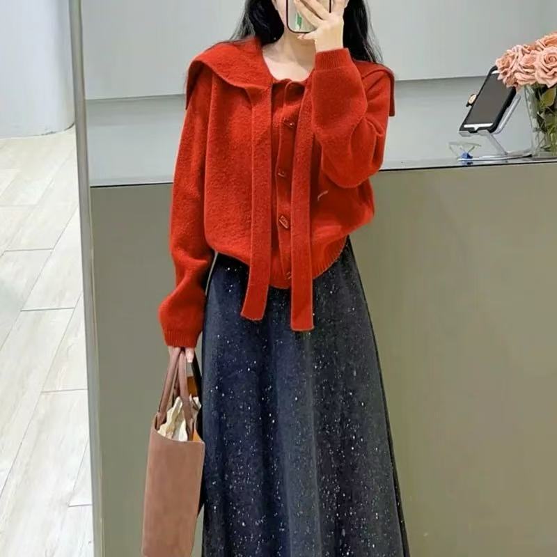 Niche Preppy Style Navy Collar Age-Reducing Shawl Horn Button Spring & Fall Purple Loose Knitted Jacket Top Women's Clothing