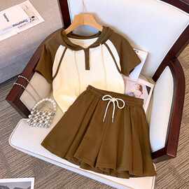 女童夏季套装2024新款中大童连帽短袖上衣女孩休闲短裤运动两件套