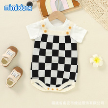 ins热卖咪咪熊新款婴幼儿棋盘格吊带哈衣