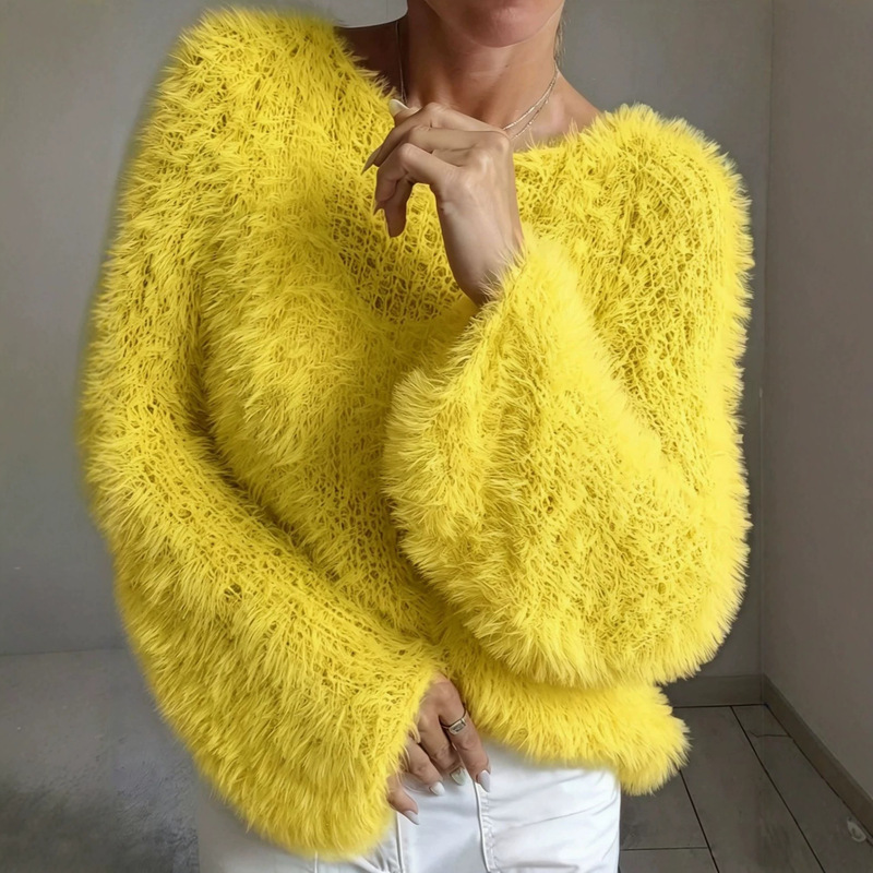 2026 Amazon Cross-Border European and American Women's Clothing Macaron-Colored Round-Neck Fluffy Design Solid Color Long-Sleeve Knitted Sweater 2026 Amazon Cross-Border European and American Women's Clothing Macaron-Colored Round-Neck Fluffy Design Solid Color Long-Sleeve Knitted Sweater