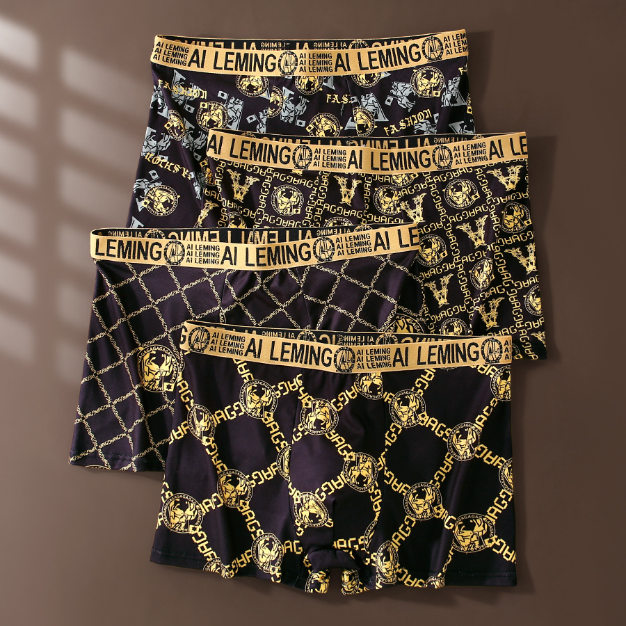Trendy Black Gold Printed Men's Underwear Men's Boxer Briefs Summer Thin Large Size Breathable Boxer Shorts Manufacturer Wholesale