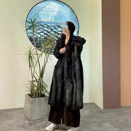 2025秋季新款中长款连帽老布拼接连衣裙宽松休闲复古袍子外套