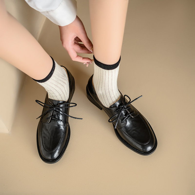 英伦风复古系带小皮鞋女低跟圆头真皮深口新款单鞋软皮棕色乐福鞋