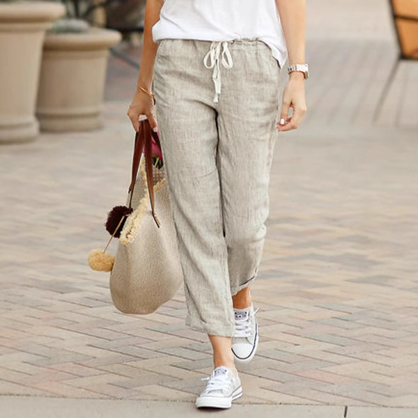 欧美速卖通2023春秋新款纯色宽松休闲抽绳松紧腰棉麻长裤