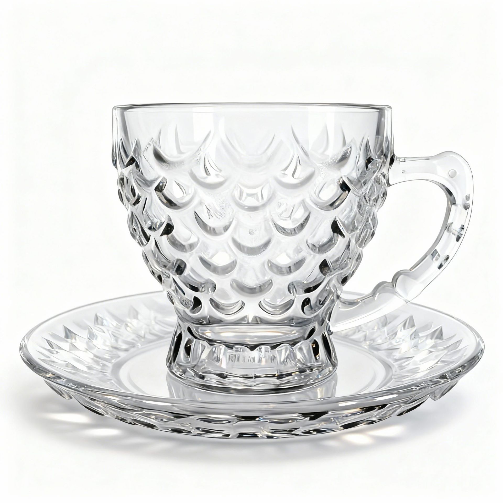 Spot al por mayor estilo europeo simple taza de café plato conjunto de taza de vidrio tallado resistente al calor taza de café espresso casera