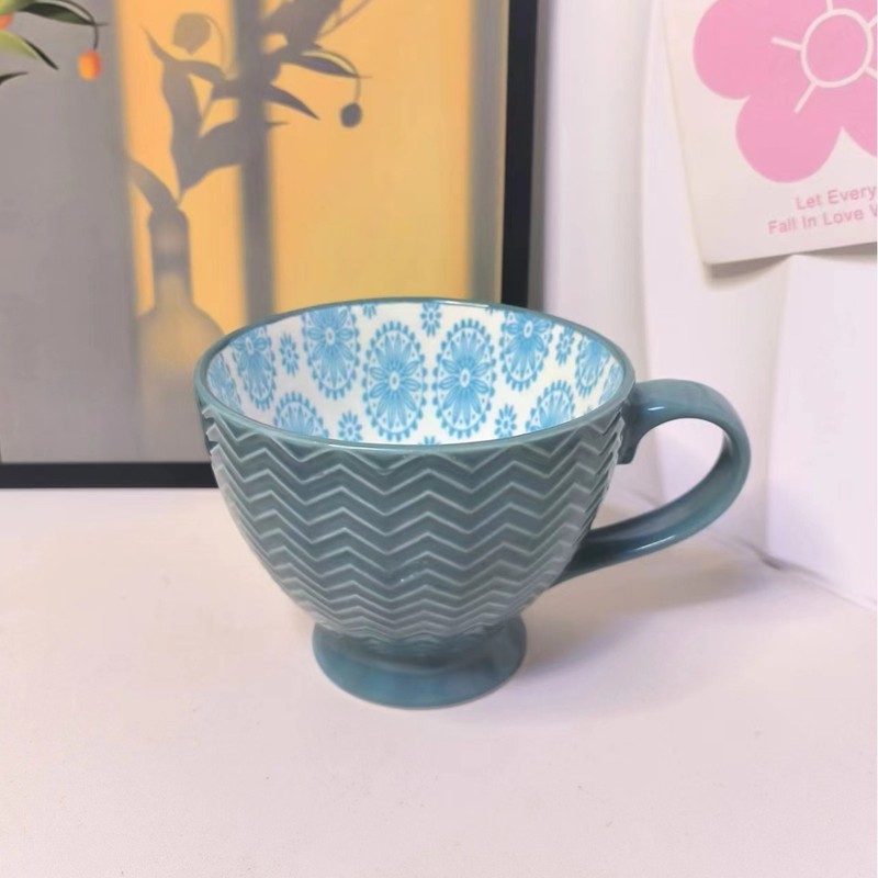 小清新北欧風陶磁器手描きカップオート麦牛乳コーヒーカップ模様彫刻カップ個性電子レンジ微瑕|undefined