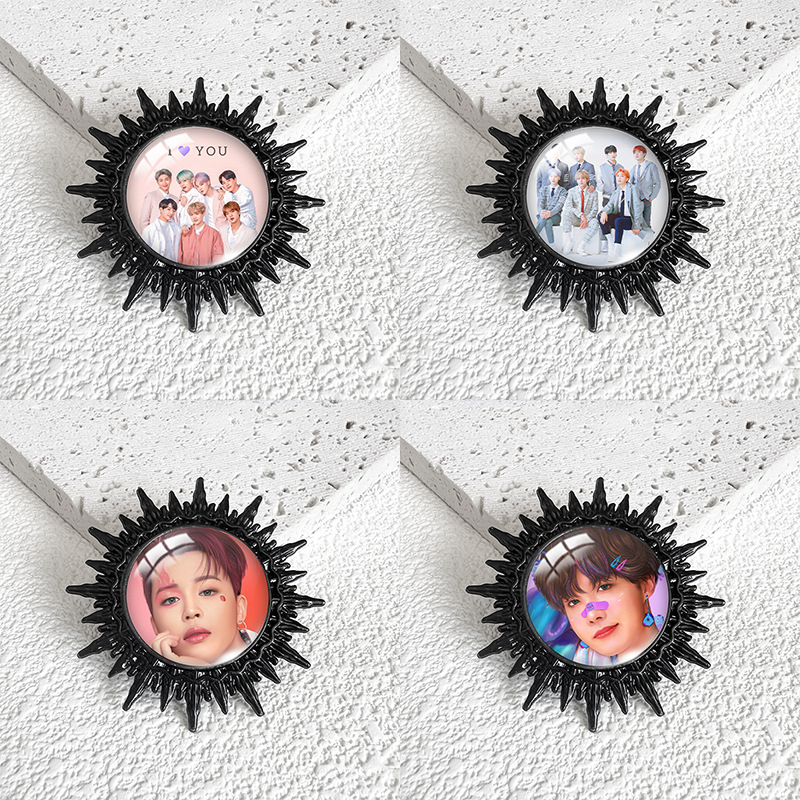 Cross-border Korean group series BTS bulletproof youth group swimming black time gem glass metal brooch badge wholesale