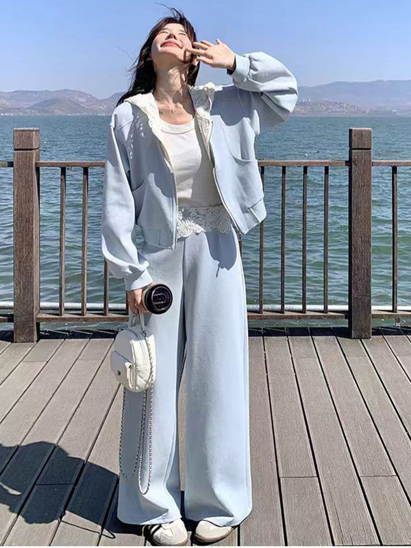 设计感蕾丝拼接连帽卫衣套装女2025秋季韩系休闲宽松阔腿裤两件套|undefined