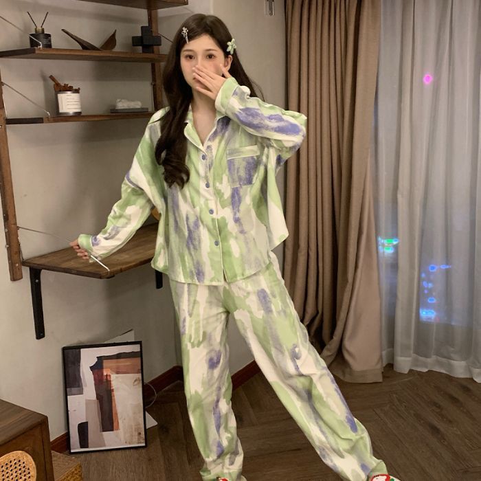 日系卡通睡衣女春秋季新款棉绸波点腊肠狗长袖大码网红家居服套装|undefined